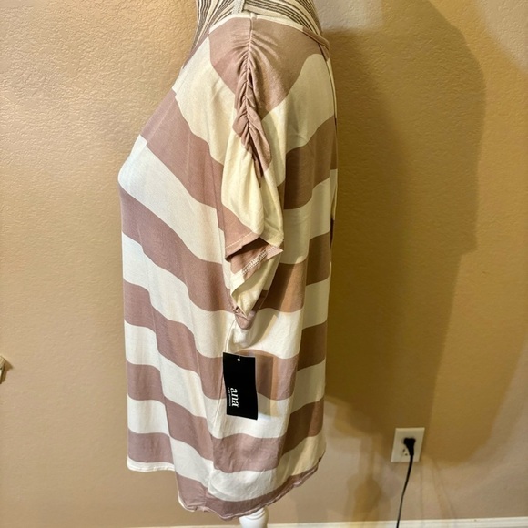 NWT a.n.a. Top Large White Khaki Stripes Ruched Shoulders Open Peekaboo Back New - Picture 7 of 13